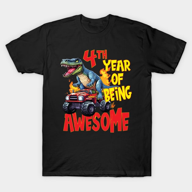 4th Year of Being Awesome 4yr Birthday Truck Dinosaur Boy Girl 4 Years Old T-Shirt by Envision Styles